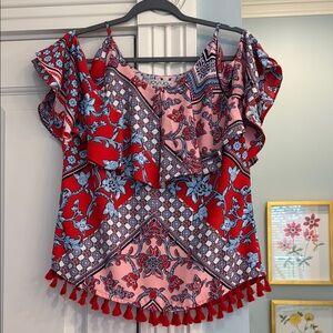 Joy Joy Asymmetrical Flutter Sleeve Blouse Red and Blue